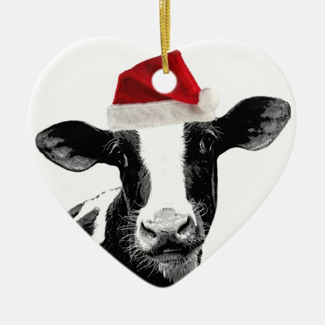 Santa Cow - Dairy Cow wearing Santa Hat Ceramic Tree Decoration (Front)