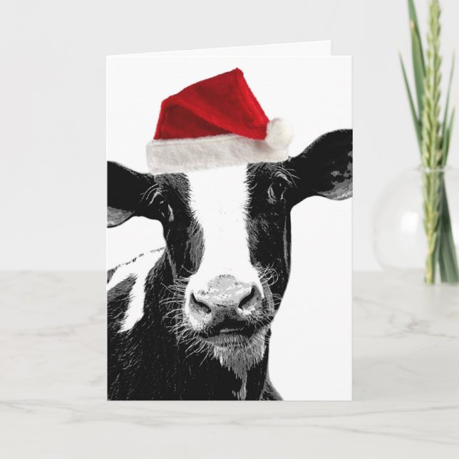 Santa Cow - Dairy Cow wearing Santa Hat Holiday Card (Front)