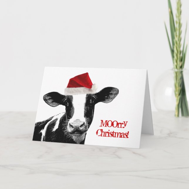 Santa Cow - Dairy Cow wearing Santa Hat Holiday Card (Front)