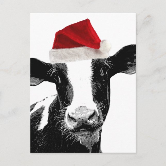 Santa Cow - Dairy Cow wearing Santa Hat Holiday Postcard (Front)