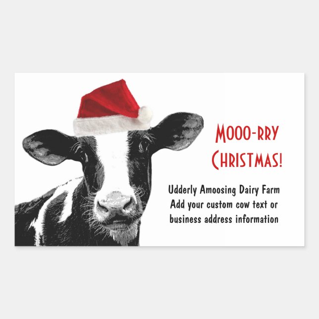 Santa Cow - Dairy Cow wearing Santa Hat Rectangular Sticker (Front)