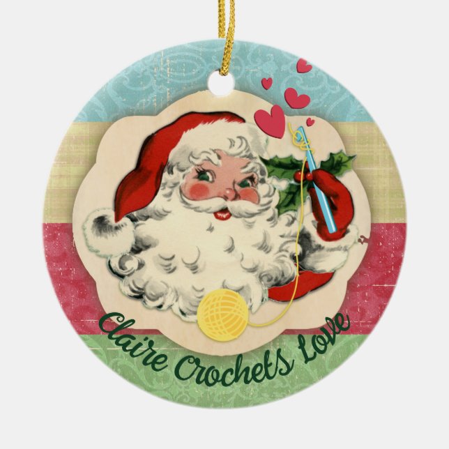 Santa crochet hook love personalised Christmas Ceramic Tree Decoration (Front)