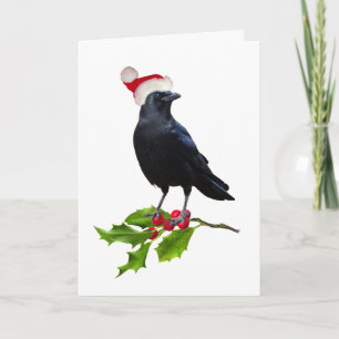 Santa Crow Holly Christmas Card