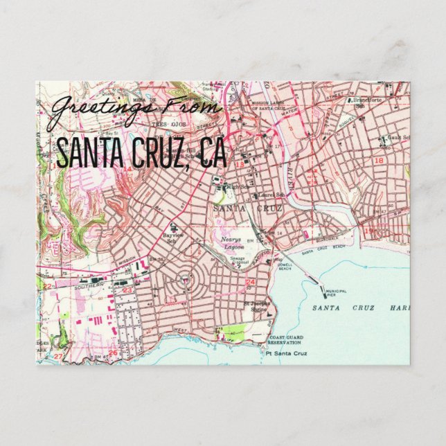 Santa Cruz CA 1955 Map Postcard (Front)