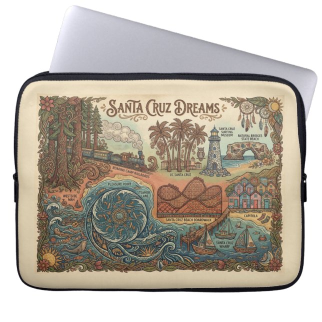 Santa Cruz California Dreams Map – Vibrant Coast Laptop Sleeve (Front)