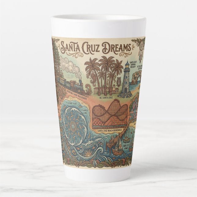 Santa Cruz California Dreams Map – Vibrant Coast Latte Mug (Front)