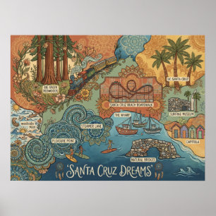 Santa Cruz California Dreams Map – Vibrant Coast Poster