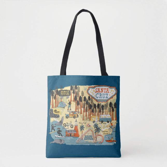 Santa Cruz California Illustrated Map Blue Tote Bag (Front)