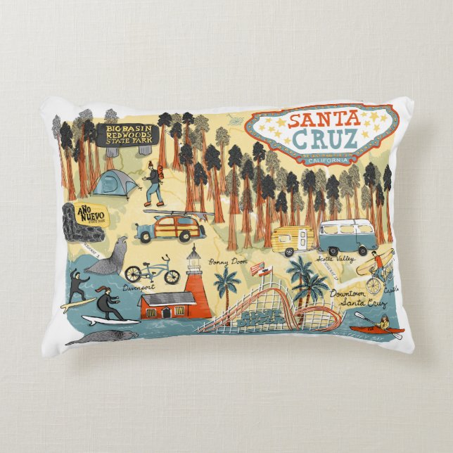 Santa Cruz California Illustrated Map Decorative Cushion (Front)