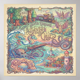 Santa Cruz California Illustrated Map Dreamscape Poster