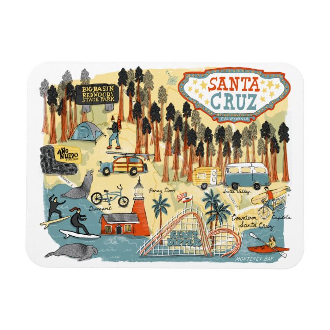Santa Cruz California Illustrated Map Magnet (Horizontal)