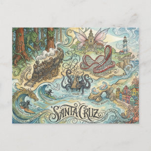 Santa Cruz California Illustrated Map Mythical Postcard