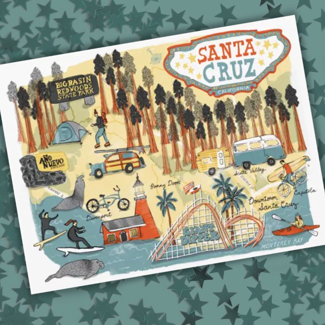 Santa Cruz California Illustrated Map Postcard (Creator Uploaded)
