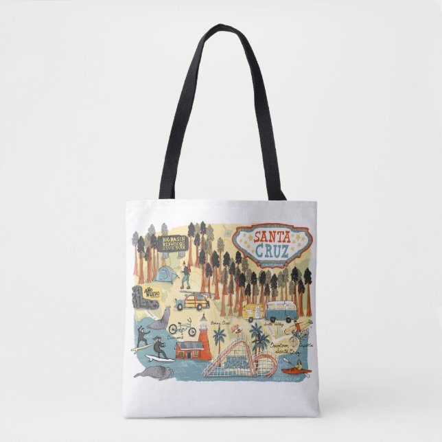 Santa Cruz California Illustrated Map Tote Bag (Front)