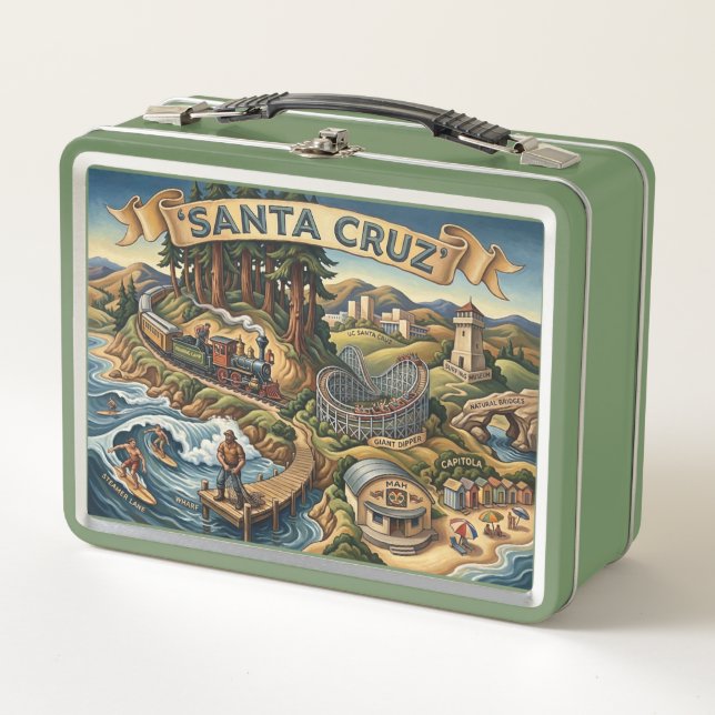 Santa Cruz California Illustrated Map UCSC Wharf Metal Lunch Box (Front)