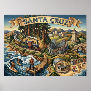 Santa Cruz California Illustrated Map UCSC Wharf Poster