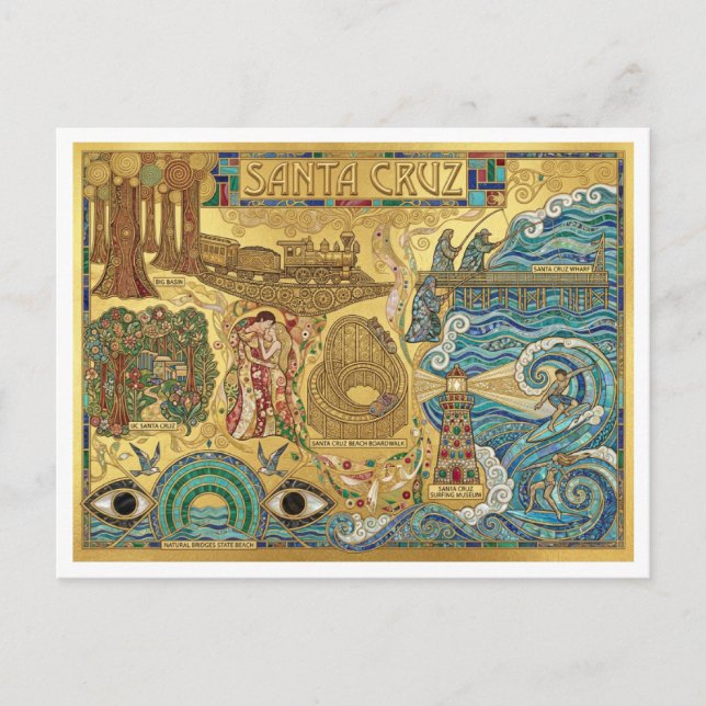 Santa Cruz California Mosaic Map Boardwalk Beach Postcard (Front)