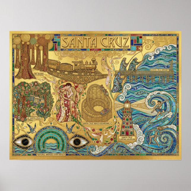 Santa Cruz California Mosaic Map Boardwalk Beach Poster (Front)