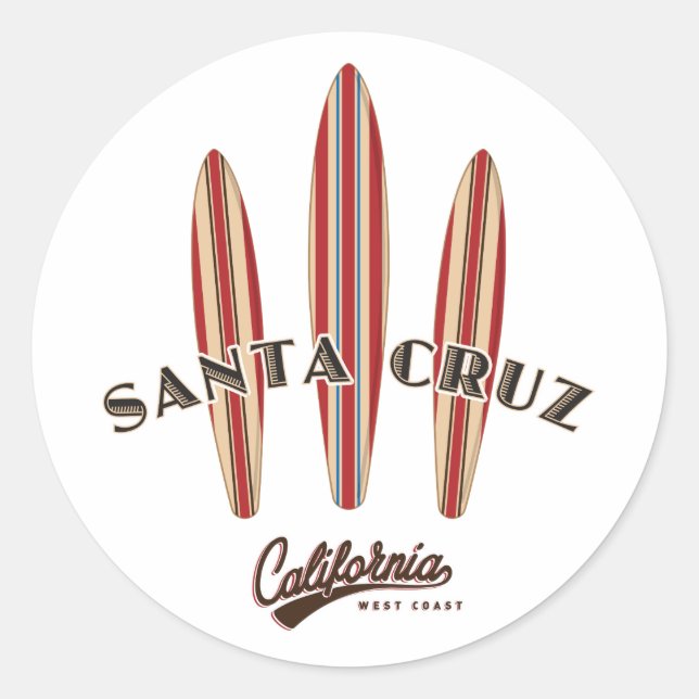 Santa Cruz California Three Surfboards Classic Round Sticker (Front)