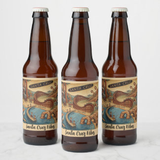 Santa Cruz California Whimsical Map UCSC Boardwalk Beer Bottle Label