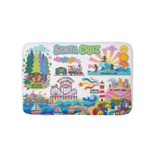 Santa Cruz Illustrated Map Boardwalk Beach Surfing Bath Mat