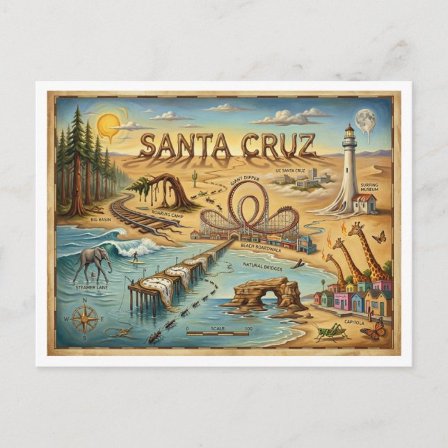 Santa Cruz Pop Art Map – Bold Coastal Landmark Postcard (Front)