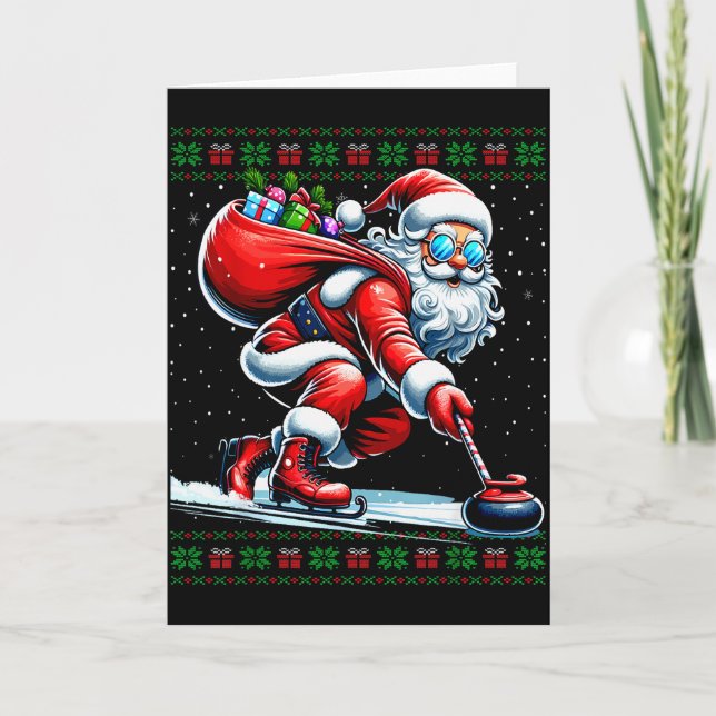 Santa Curling Ugly Christmas Sweater  Card (Front)