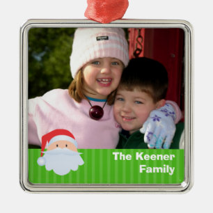 Santa custom photo green stripes family keepsake metal tree decoration
