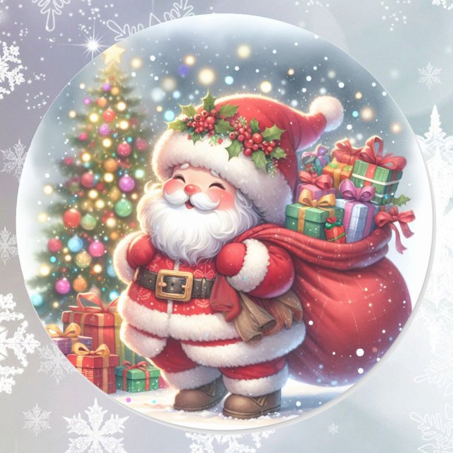 Santa Cute Smile Bringing Gifts Christmas Tree Classic Round Sticker (Creator Uploaded)