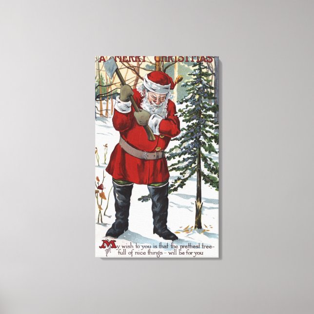 Santa Cutting Down Christmas Tree Canvas Print (Front)