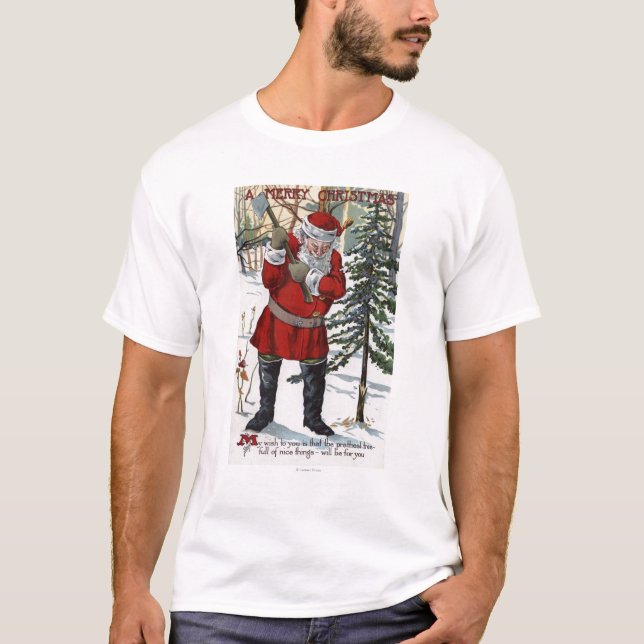 Santa Cutting Down Christmas Tree T-Shirt (Front)
