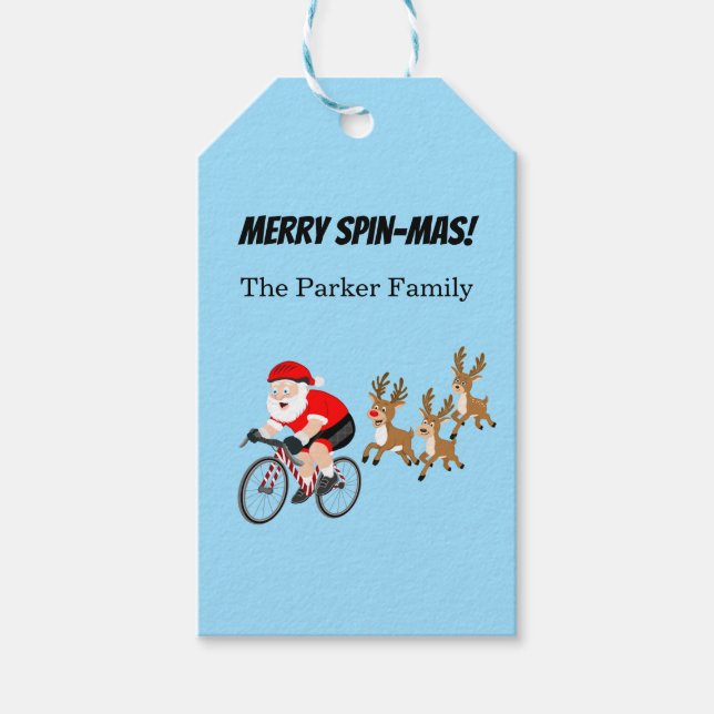 Santa Cycling with Reindeer Gift Tags (Front)