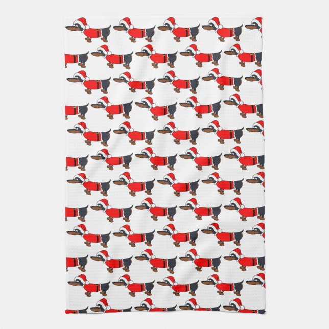 Santa Dachshund Dog Christmas Kitchen Towel (Vertical)