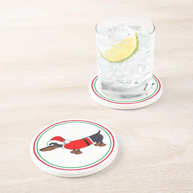 Santa Dachshund Dog Sandstone Drink Coaster (Side)