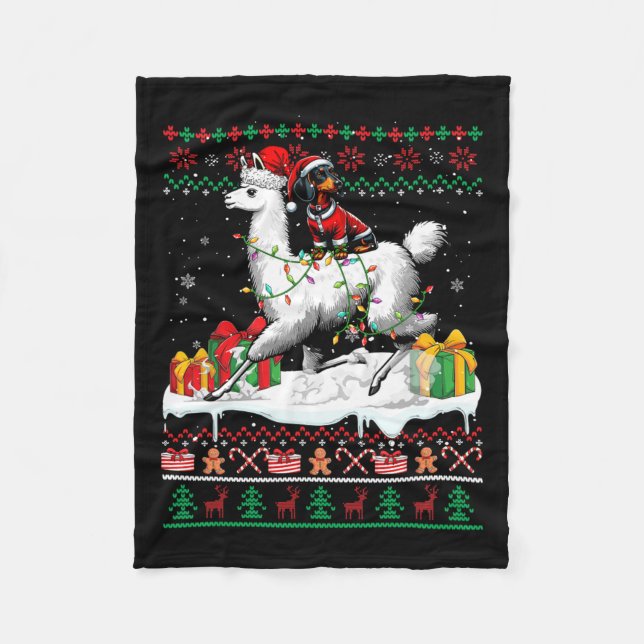Santa Dachshund Riding Llama Christmas Sweater Lov Fleece Blanket (Front)