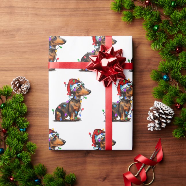 Santa Dachshund with Christmas Lights Wrapping Paper (Holiday Gift)