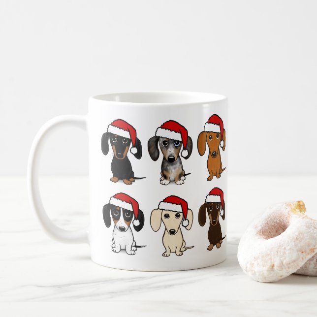 Santa Dachshunds Cute Wiener Dogs Christmas Coffee Mug (With Donut)