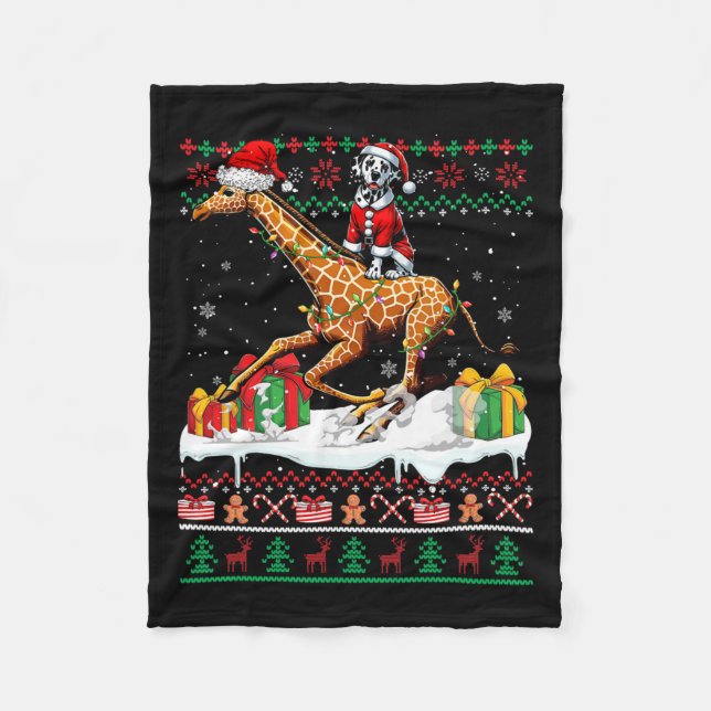 Santa Dalmatian Riding Giraffe Christmas Sweater L Fleece Blanket (Front)