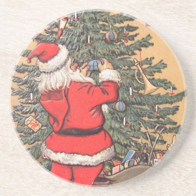 Santa Decorating Christmas Tree Coaster (Front)