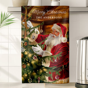 Santa Decorating Christmas Tree Personalised Tea Towel