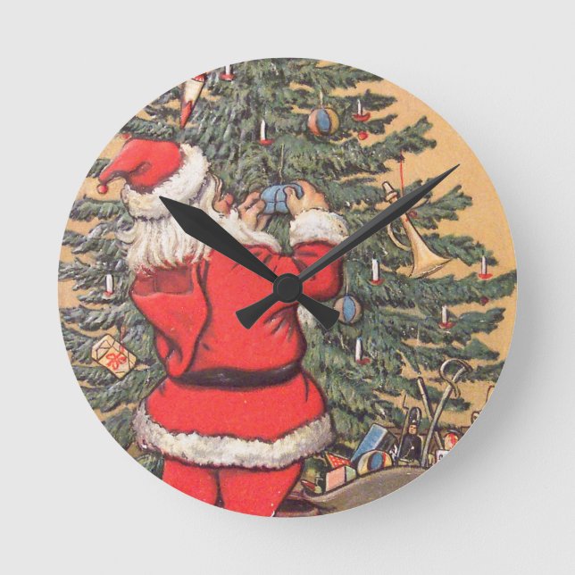 Santa Decorating Christmas Tree Round Clock (Front)