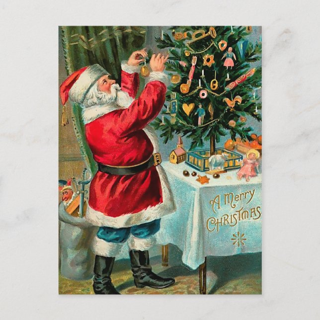 Santa decorating the Christmas Tree Holiday Postcard (Front)