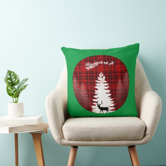 santa deer christmas tree red chequered plaid cushion (Chair)