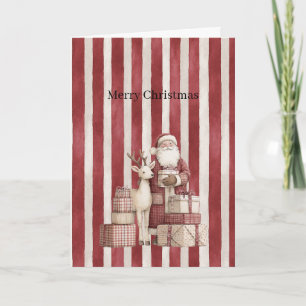Santa Deer Gifts Red Cream Stripes Christmas Card