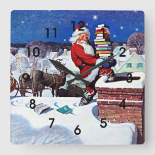 Santa Delivering an Armload of Books Square Wall Clock