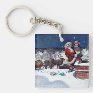 Santa delivering armload of books by N.C. Wyeth Ke Key Ring
