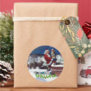 Santa delivering armload of books by Wyeth Classic Round Sticker