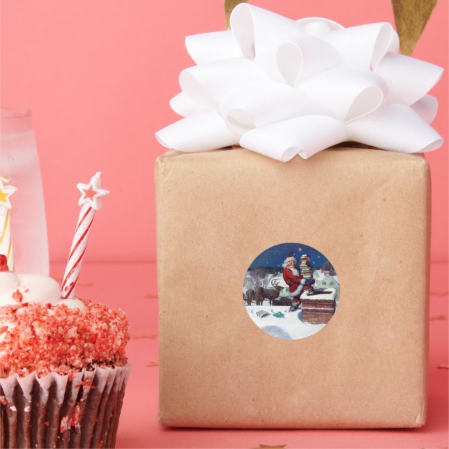 Santa delivering armload of books by Wyeth Classic Round Sticker (Party)