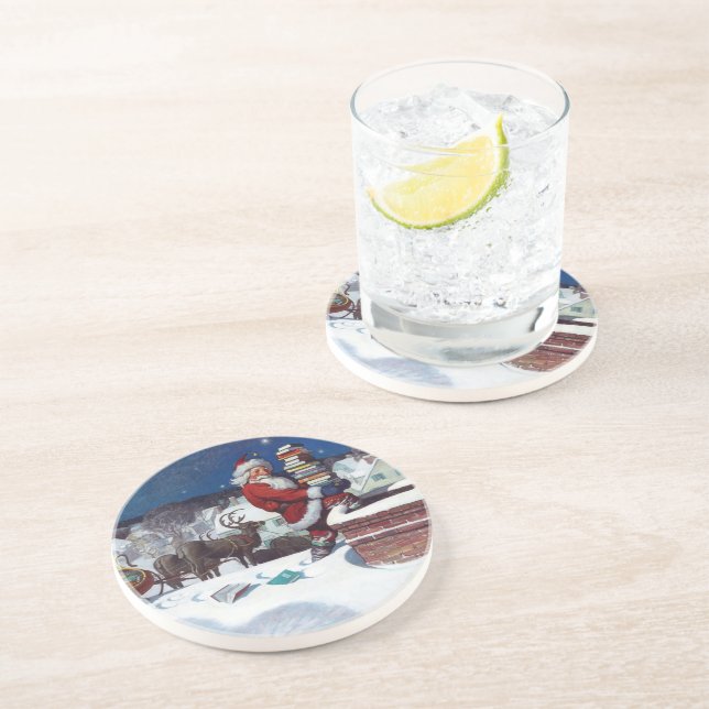 Santa delivering armload of books by Wyeth Coaster (Side)