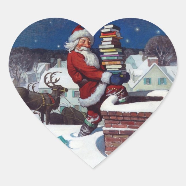 Santa delivering armload of books by Wyeth Heart Sticker (Front)